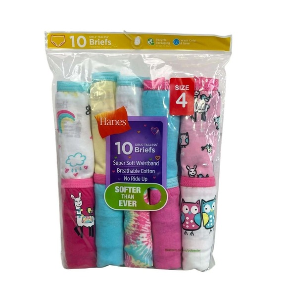Hanes Other - Hanes Girls Size 4 10 Pack Briefs Tagless Cotton Rainbow Owl Llama Prints